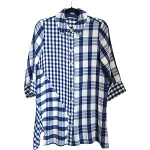 Soft Surroundings Women's Small Tunic Top Blue Checkered Mix Print Patchwork